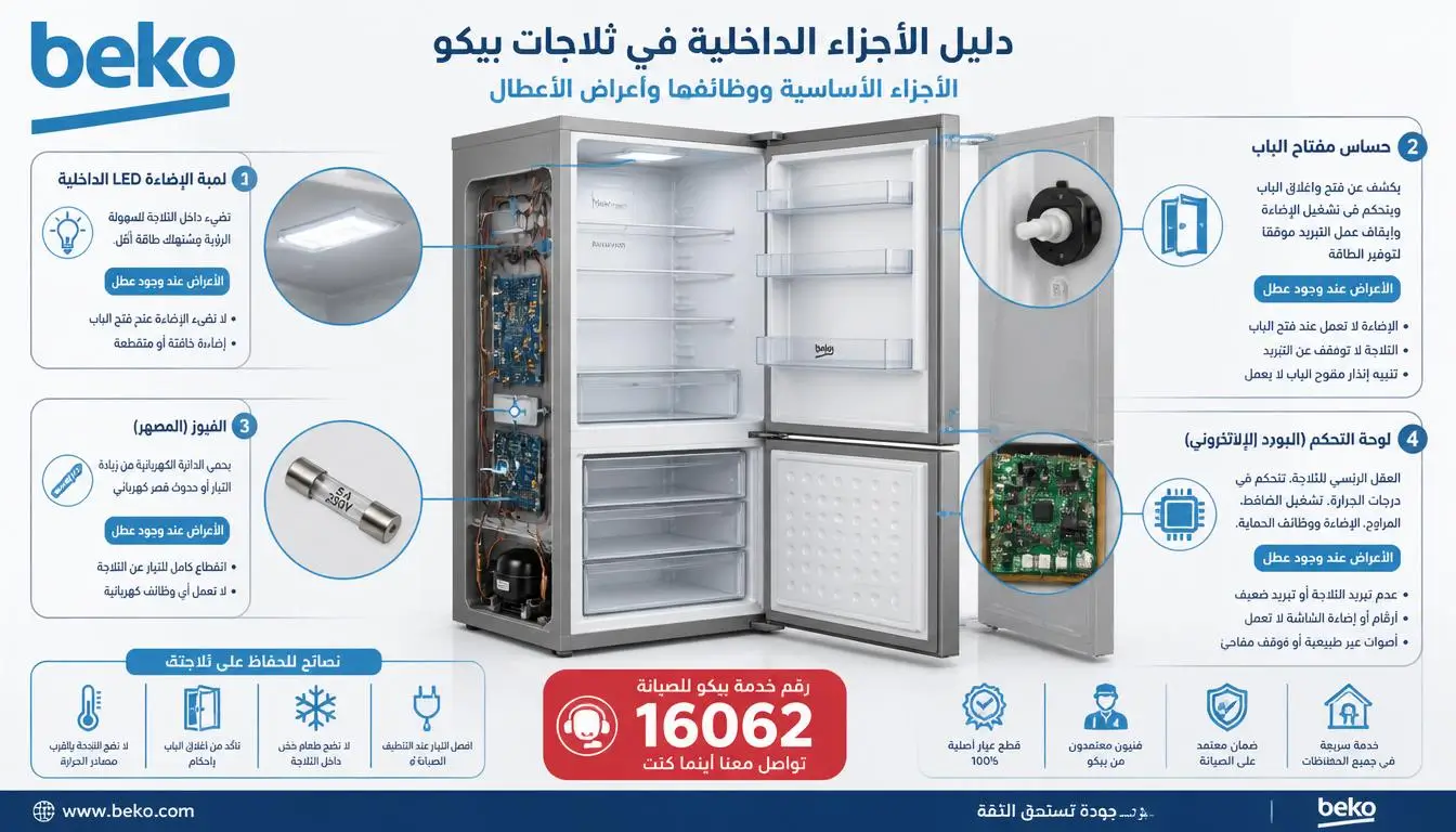 جدول تشخيص أعطال ضوء ثلاجة بيكو، مقارنة بين أسباب توقف الإضاءة الداخلية