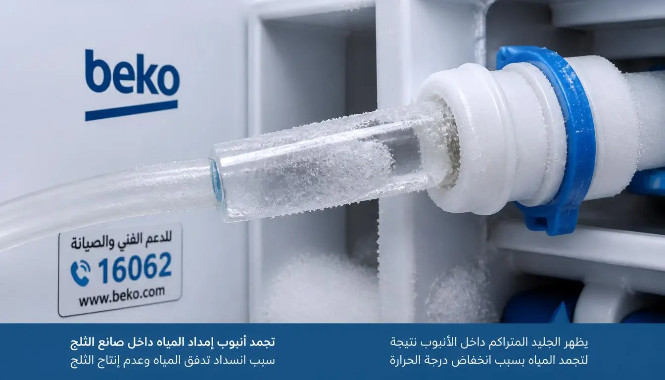 أنبوب المياه مجمد داخل وحدة صانع الثلج في ثلاجة بيكو