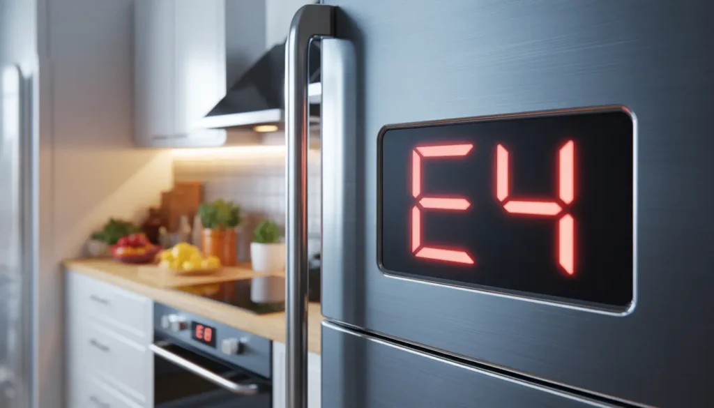 معنى كود E4 بيكو. ظهور كود العطل E4 على شاشة ثلاجة بيكو الرقمية.