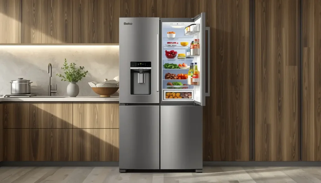 صيانة ثلاجة بيكو بابين Modern stainless steel refrigerator with food