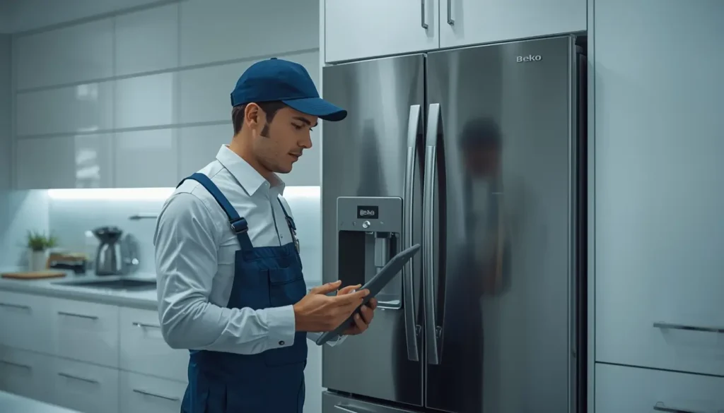  فني متخصص من مركز صيانة ثلاجات بيكو في الساحل يقوم بإصلاح عطل تبريد في المنزل.