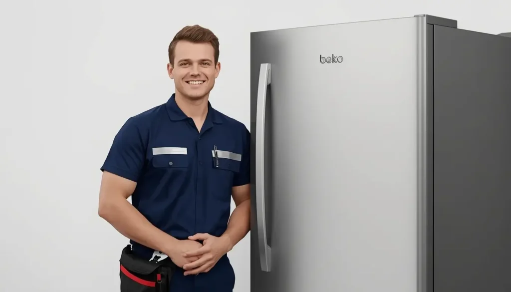 فني متخصص من مركز صيانة ثلاجة بيكو يقوم بإصلاح العطل في منزل العميل.