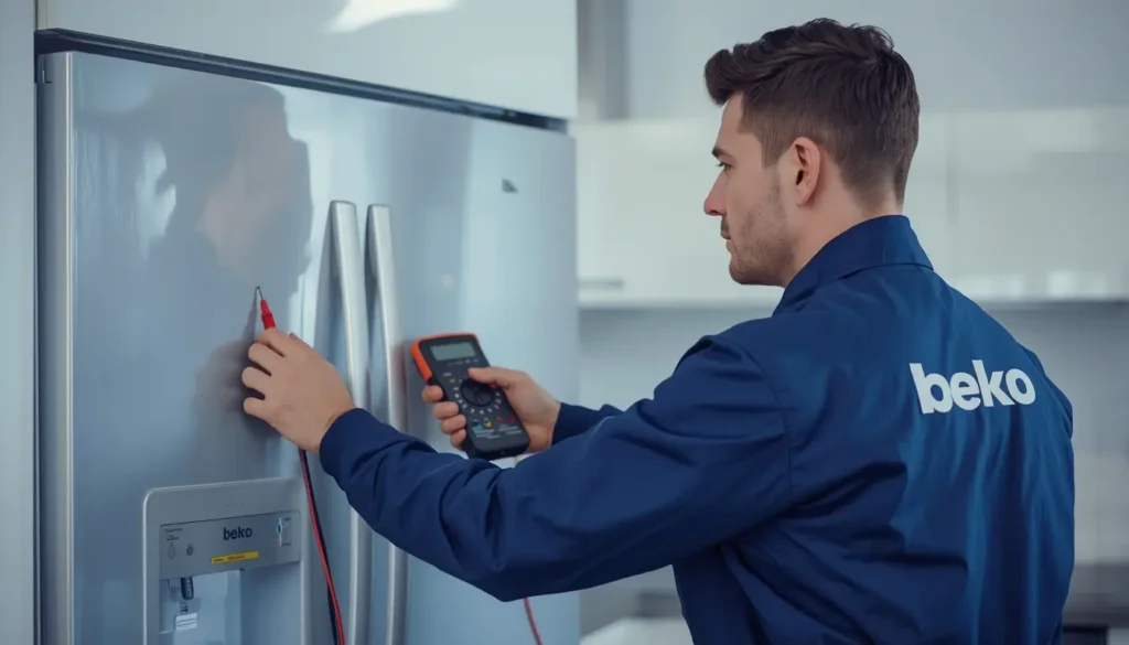 فني متخصص من مركز صيانة ثلاجة بيكو يقوم بإصلاح العطل في منزل العميل.