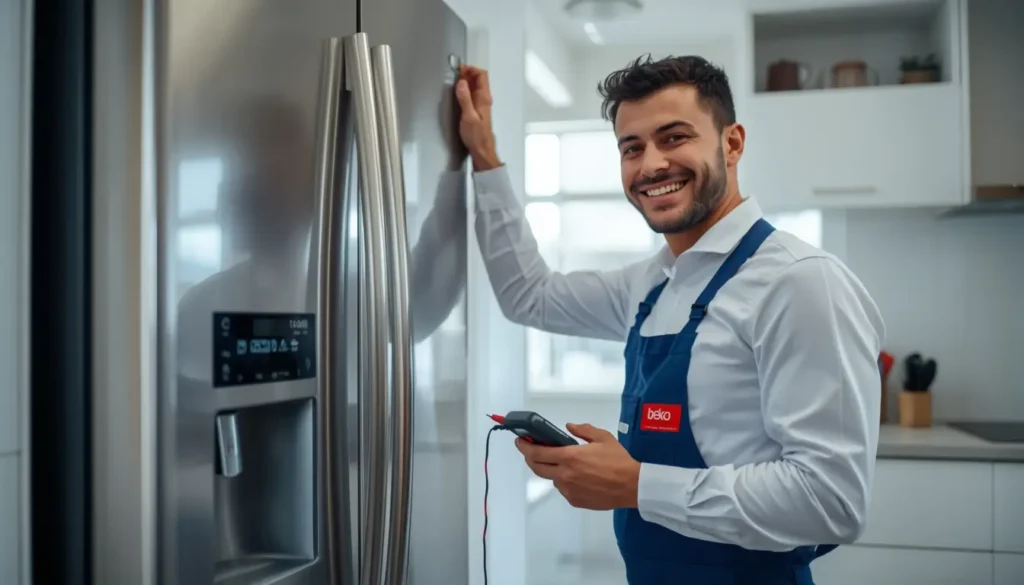 فني صيانة ثلاجات بيكو مصر فني مركز صيانة ثلاجة بيكو يقوم بإصلاح عطل E0 في مصر.