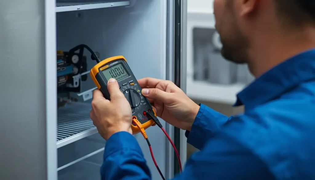 فني صيانة ثلاجات بيكو مصر مهندس متخصص من مركز صيانة ثلاجة بيكو يقوم بفحص تكتكة في الثلاجة وإصلاحها.