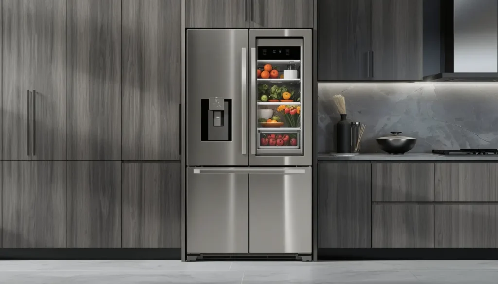 صيانة ثلاجة بيكو بابين Sleek kitchen with modern refrigerator open.
