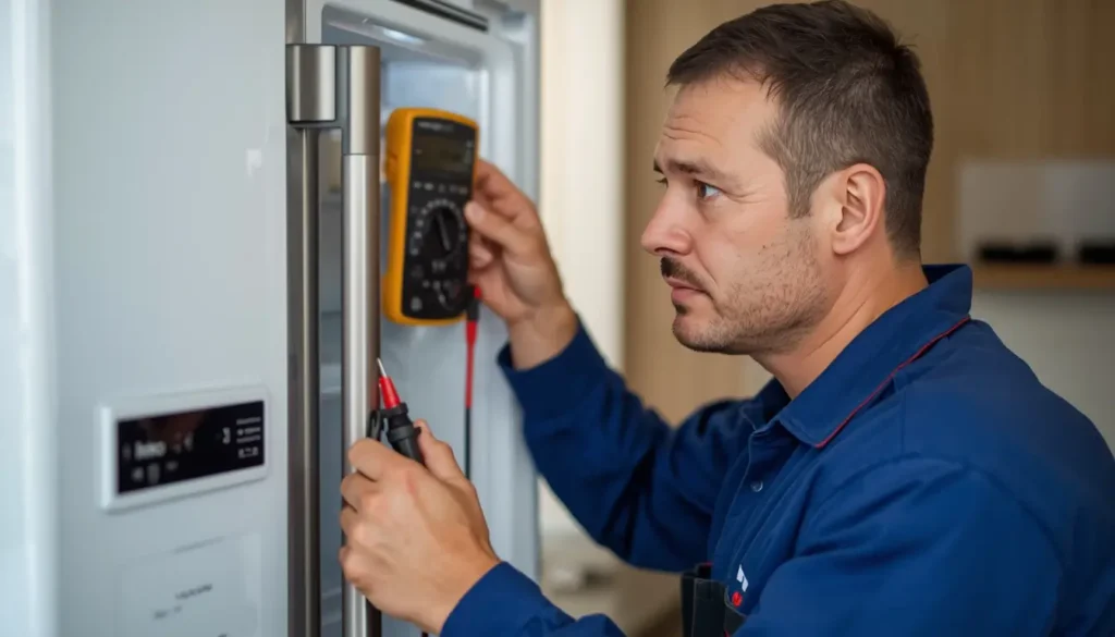 فني صيانة ثلاجة بيكو فني متخصص من مركز صيانة ثلاجات بيكو في فيصل يقوم بإصلاح عطل تبريد في المنزل.