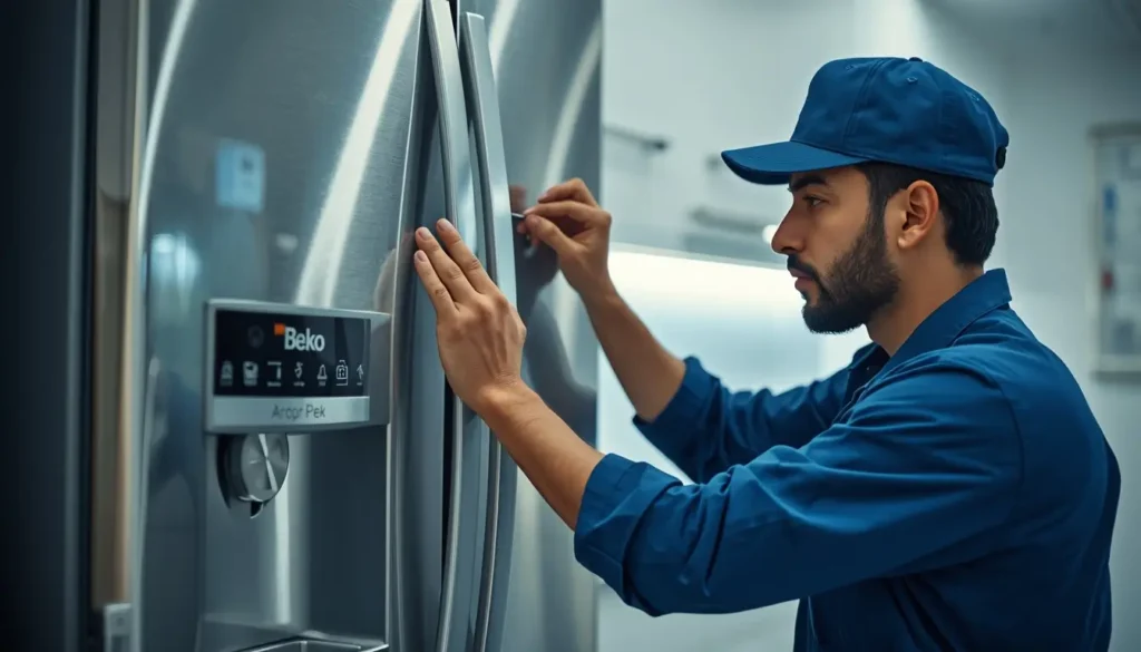 فني صيانة ثلاجة بيكو فني متخصص من مركز صيانة ثلاجات بيكو في المحلة الكبرى يقوم بإصلاح عطل تبريد في المنزل.