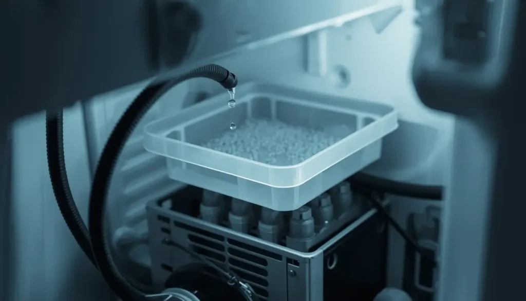 شرح عملية تسليك فتحة تصريف مياه الإذابة في ثلاجة بيكو باستخدام سلك مرن.