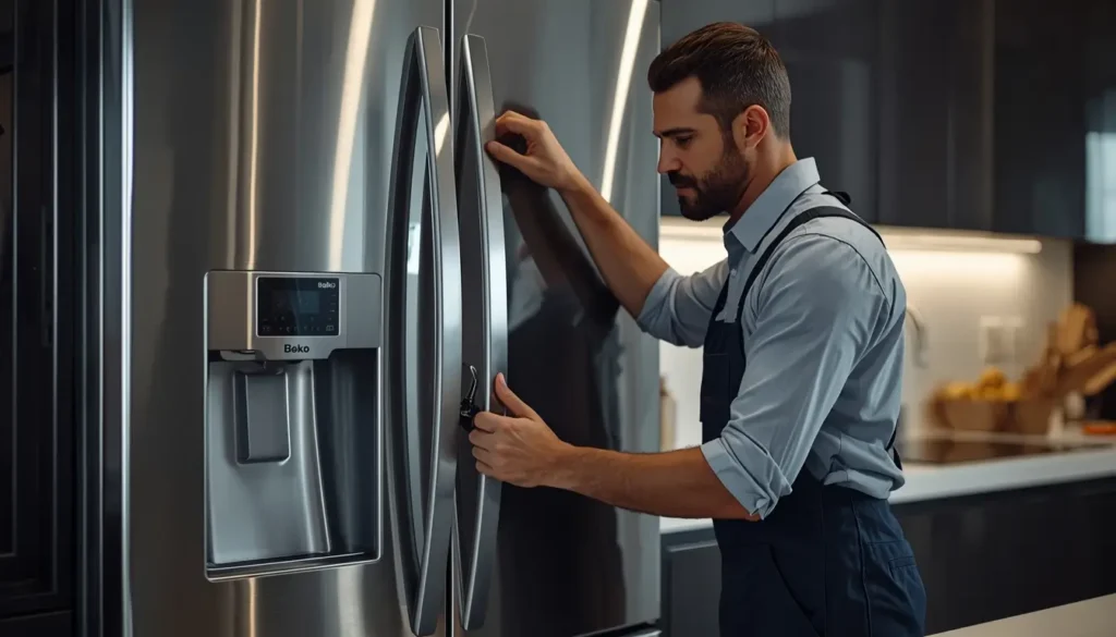  فني متخصص من مركز صيانة ثلاجات بيكو في المهندسين يقوم بإصلاح عطل تبريد في المنزل.