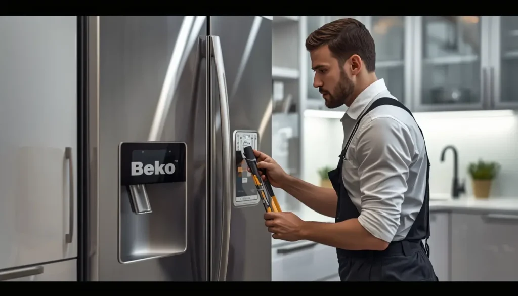 صيانة ثلاجات بيكو في الجيزة منزلية فني يقوم بعملية صيانة ثلاجات بيكو في الجيزة داخل منزل العميل.