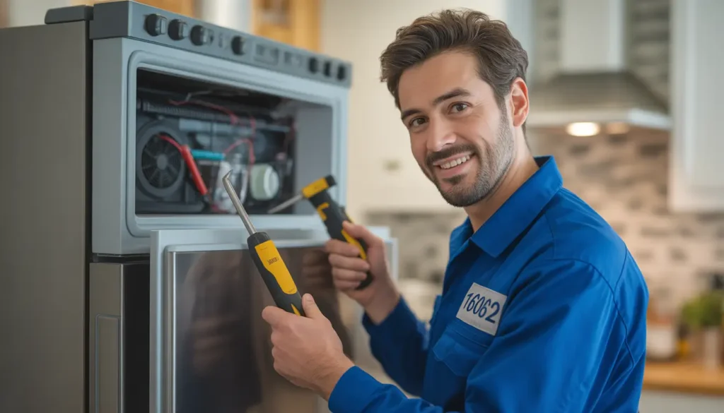 فني متخصص يقوم بإجراء صيانة ثلاجة beko في الدقي في المنزل لضمان كفاءة التبريد.