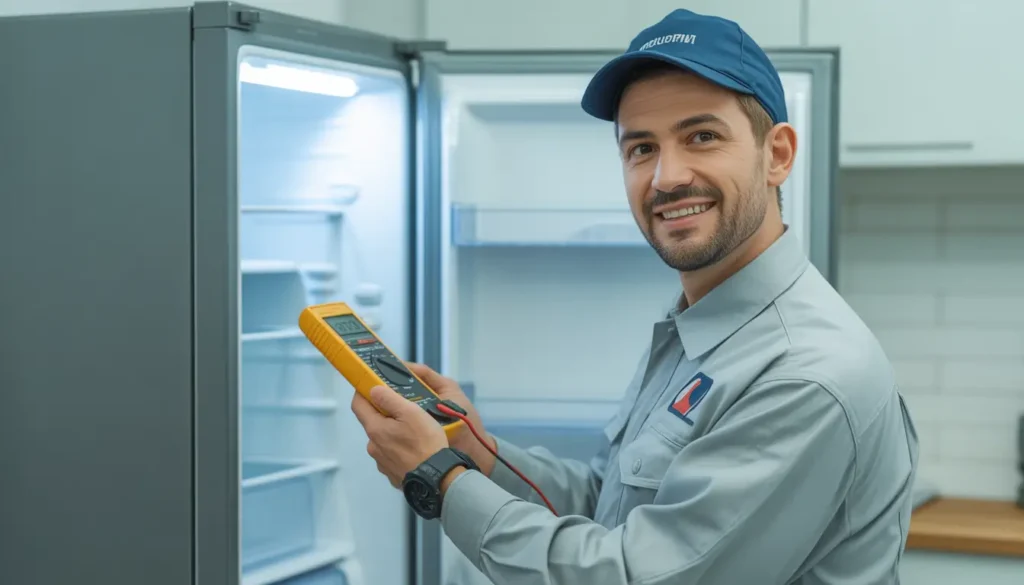 فني صيانة ثلاجات بيكو معتمد فني متخصص يقوم بإجراء صيانة ثلاجة beko في المعادي في المنزل لضمان كفاءة التبريد.