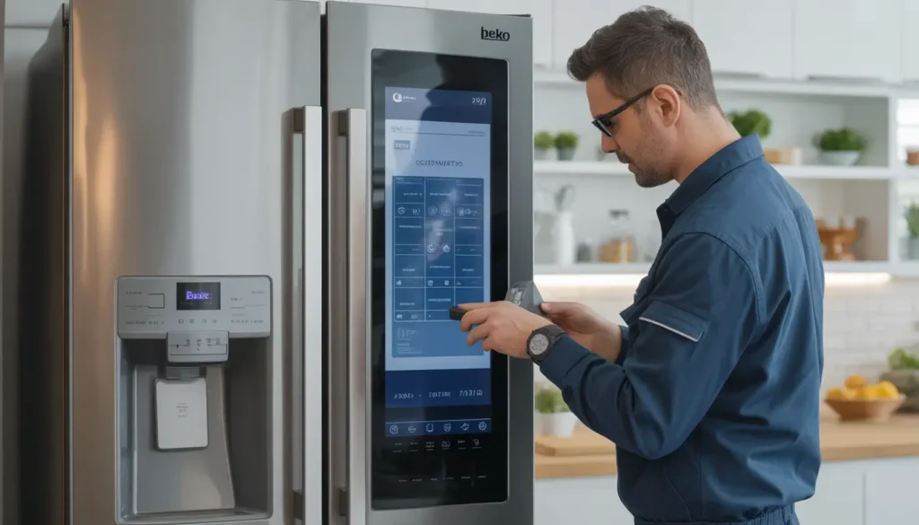 فني متخصص يقوم بإجراء صيانة ثلاجة beko في الساحل في المنزل لضمان كفاءة التبريد.