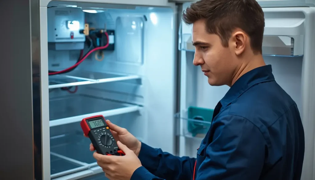 فني متخصص يقوم بإجراء صيانة ثلاجة beko في الهرم في المنزل لضمان كفاءة التبريد.