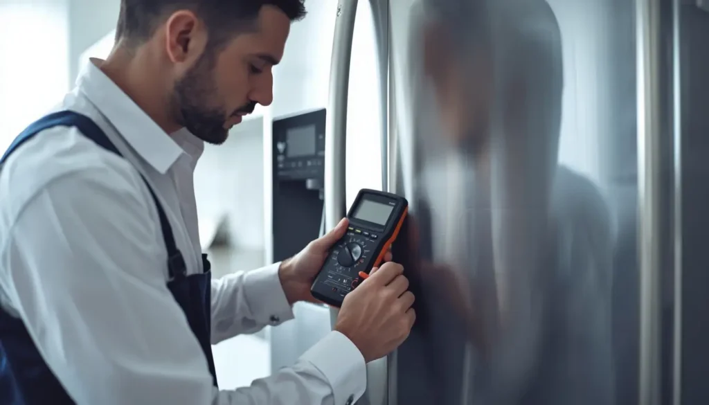 فني متخصص يقوم بإجراء صيانة ثلاجة beko في وسط البلد في المنزل لضمان كفاءة التبريد.
