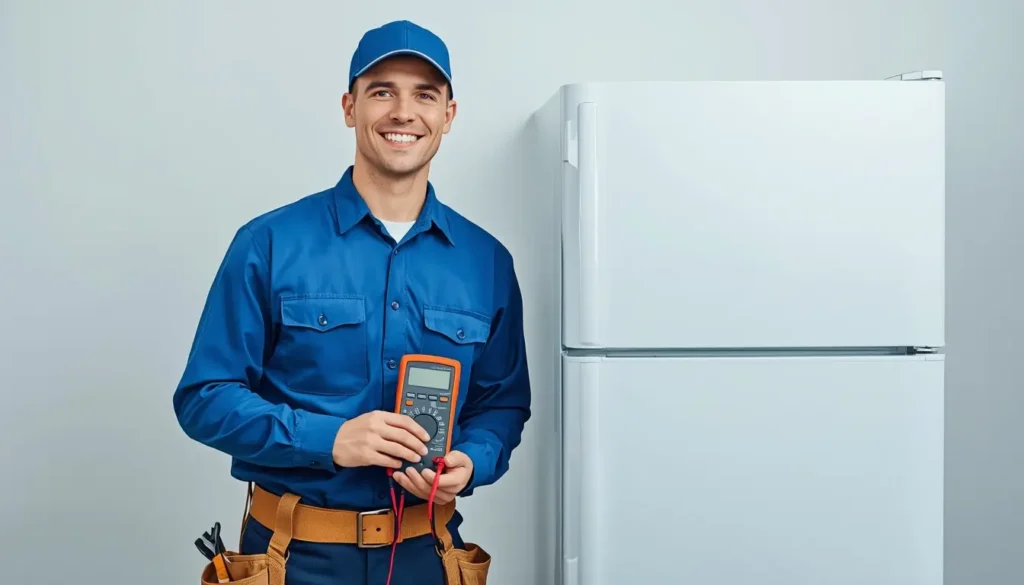 فني متخصص يقوم بإجراء صيانة ثلاجة beko في التجمع الثالث في المنزل لضمان كفاءة التبريد.