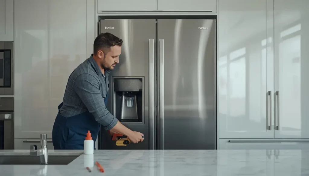 Technician repairing modern refrigerator with tools.فني متخصص يقوم بإجراء صيانة ثلاجة beko في 6 أكتوبر في المنزل لضمان كفاءة التبريد.