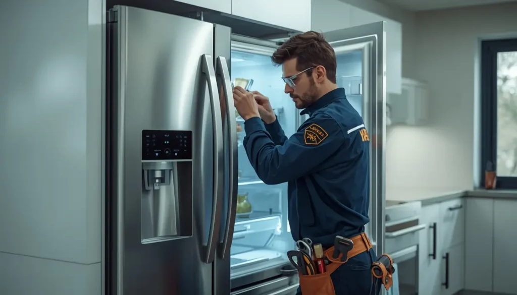 فني متخصص يقوم بإجراء صيانة ثلاجة beko في العجوزة في المنزل لضمان كفاءة التبريد.