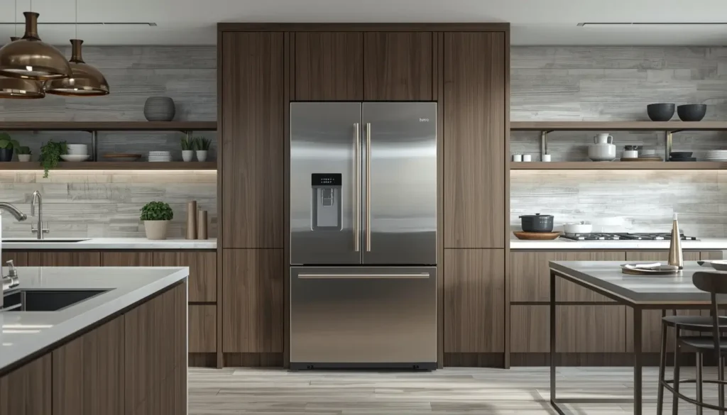 Modern kitchen with stainless steel appliances.
