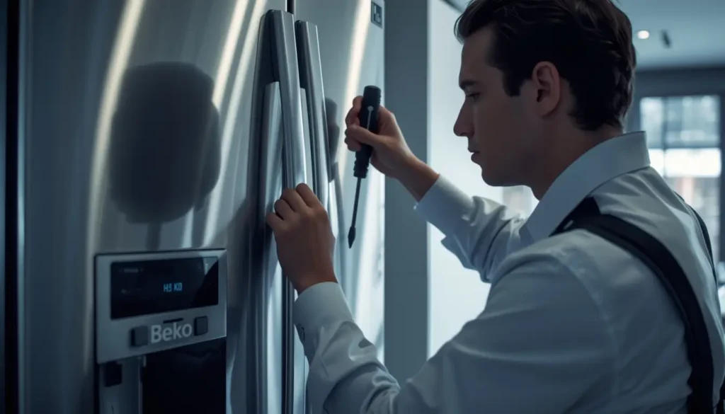 فني متخصص يقوم بإجراء صيانة ثلاجة beko في التجمع الأول في المنزل لضمان كفاءة التبريد.