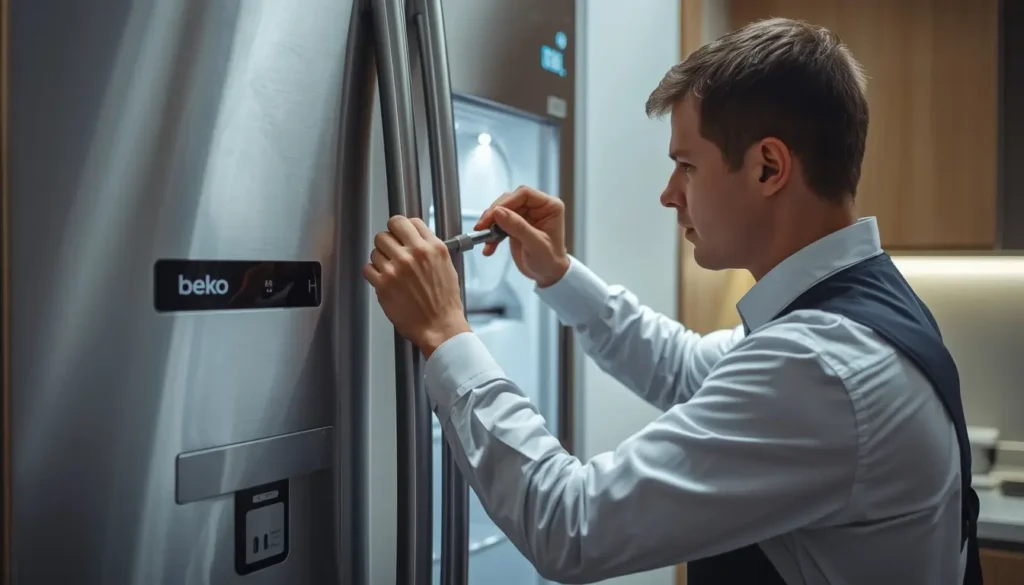 فني متخصص يقوم بإجراء صيانة ثلاجة beko في الجيزة في المنزل لضمان كفاءة التبريد.